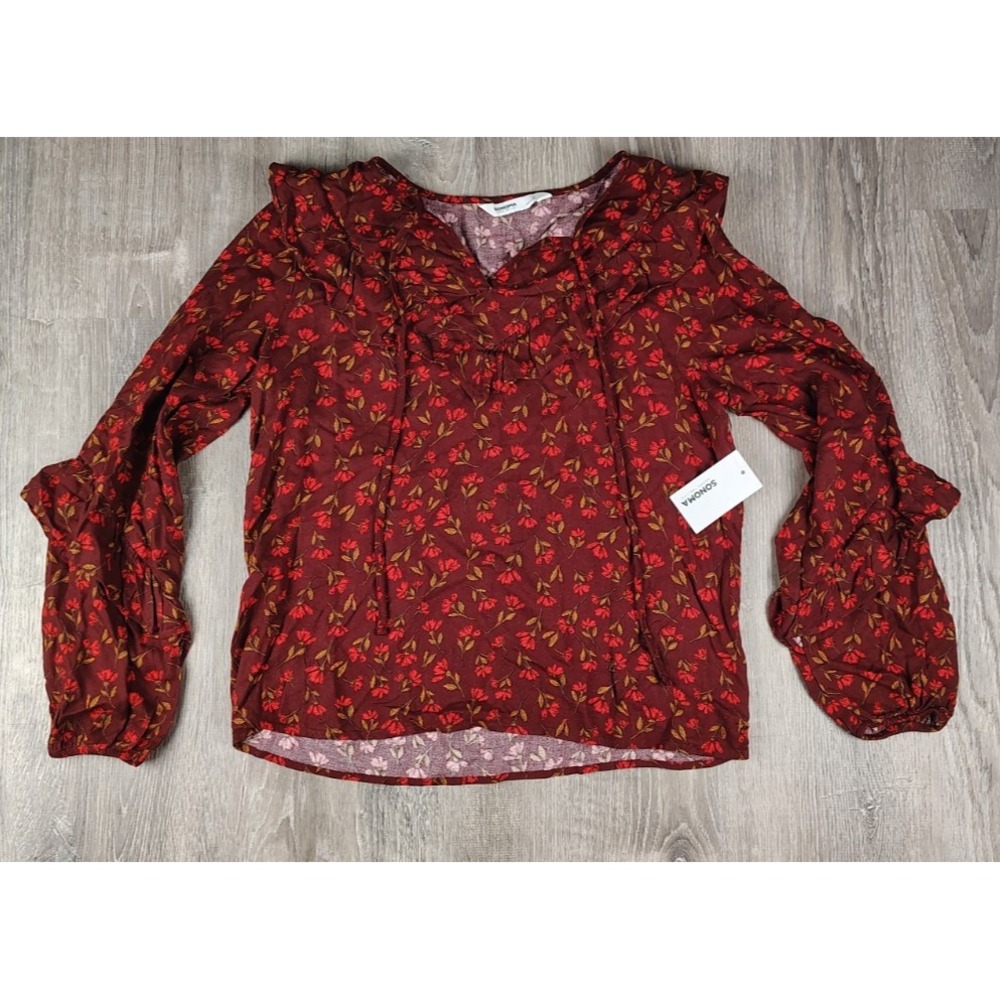 Sonoma Goods for Life Medium Floral Ruffle Peasant Top Red Rust Boho NEW